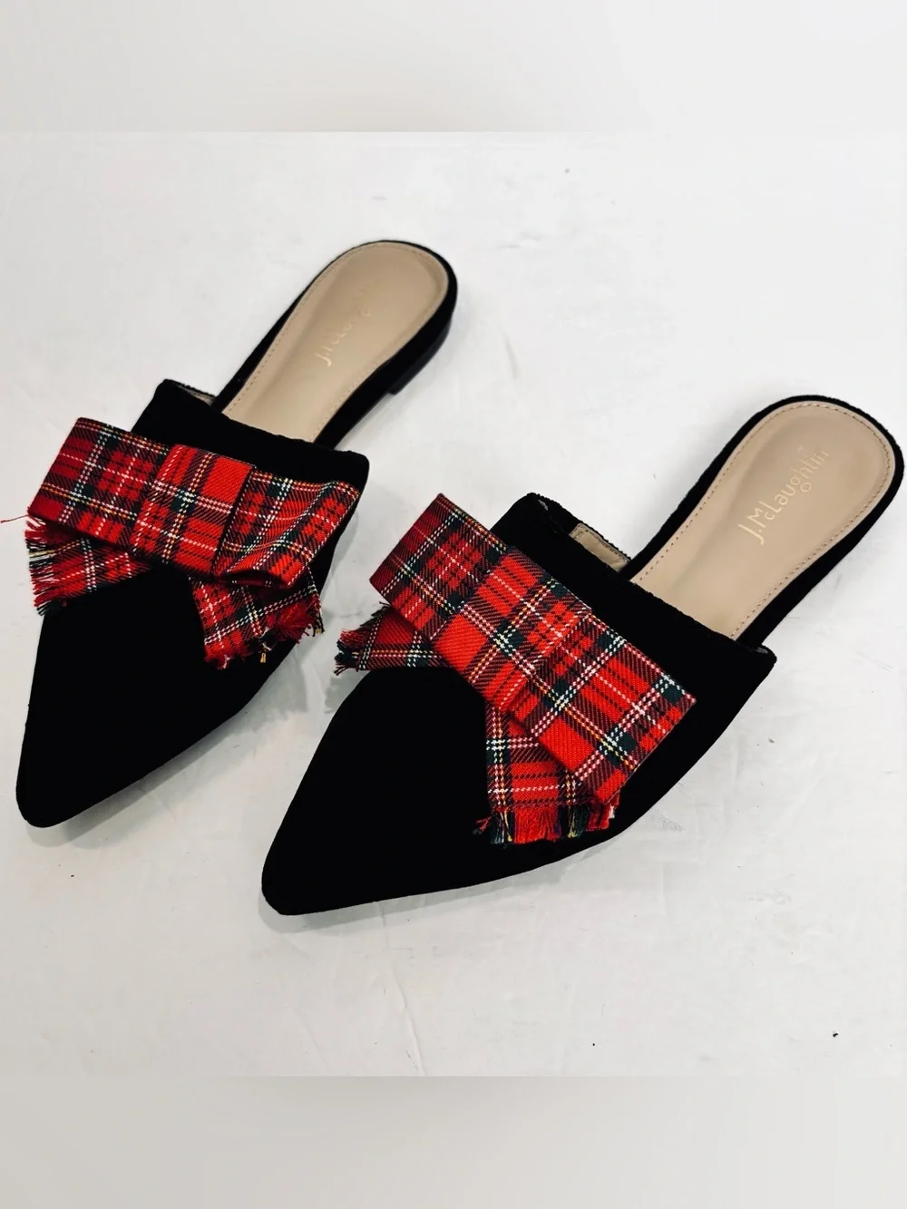 J Mclaughlin Lyon Flats Tartan Red Bow Pointed Toe Black Velvet Slide On Loafers